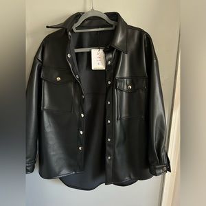 SeekMe Women’s PU Leather Jacket Shacket Button Down Lapel Blazer Coat